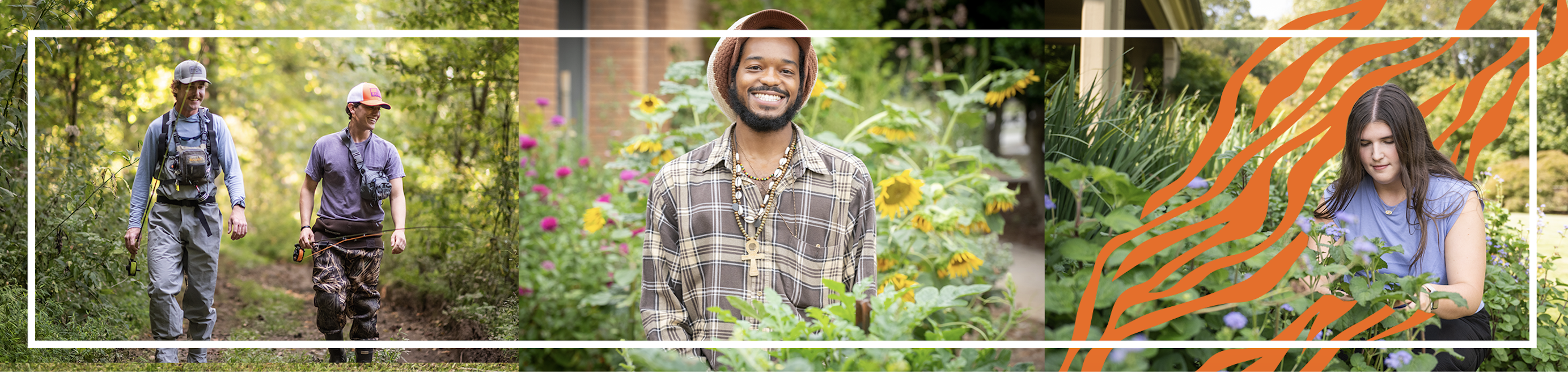 3 pictures of CALFS students are shown exploring in nature.