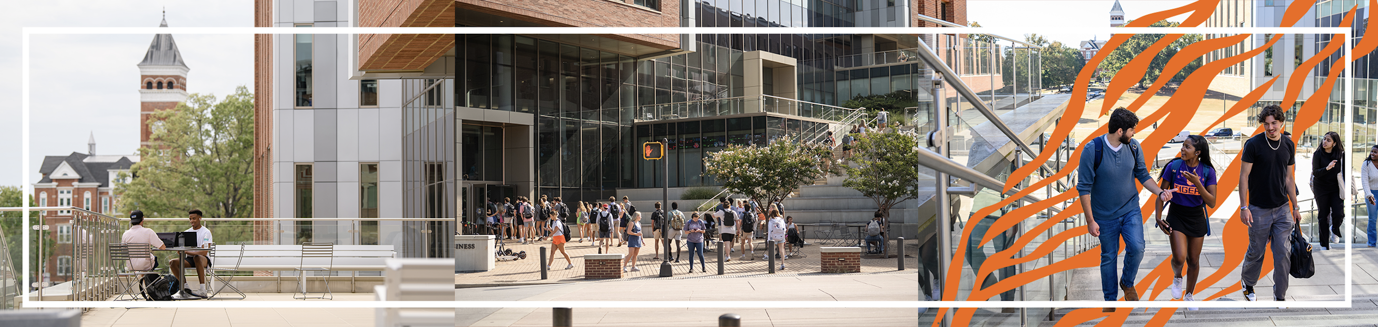 3 pictures of the Wilbur O. and Ann Powers College of Business with students around.