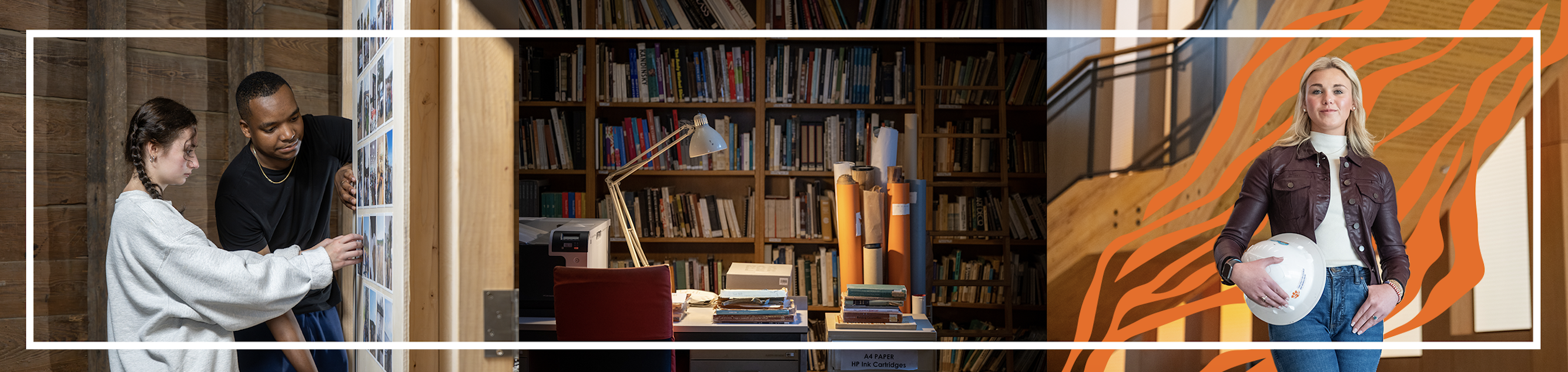 3 pictures of CAAC student are shown engaging in class, a library and holding a construction helmet.