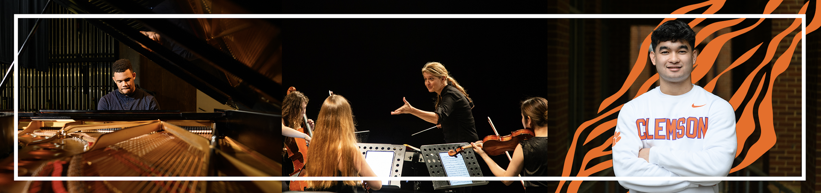 3 photos are shown of CAH students behind a piano and being instructed by a conductor.