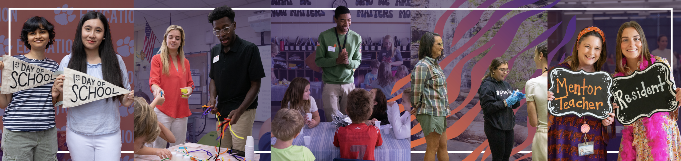 5 pictures of students are shown holding First Day of School signs, teaching in classrooms and engaging with kids.
