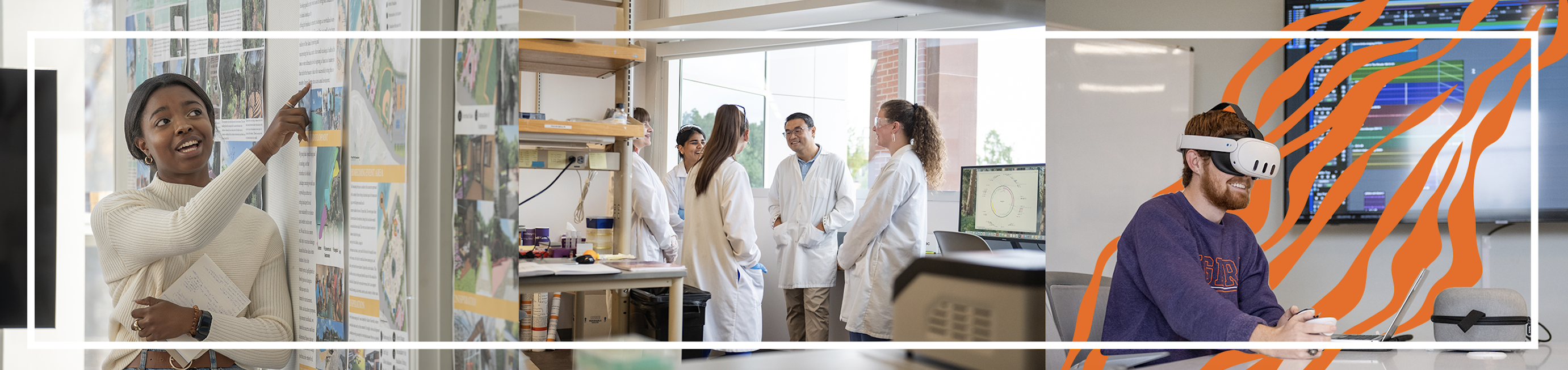 3 CBSHS students are shown learning in class and using VR goggles.